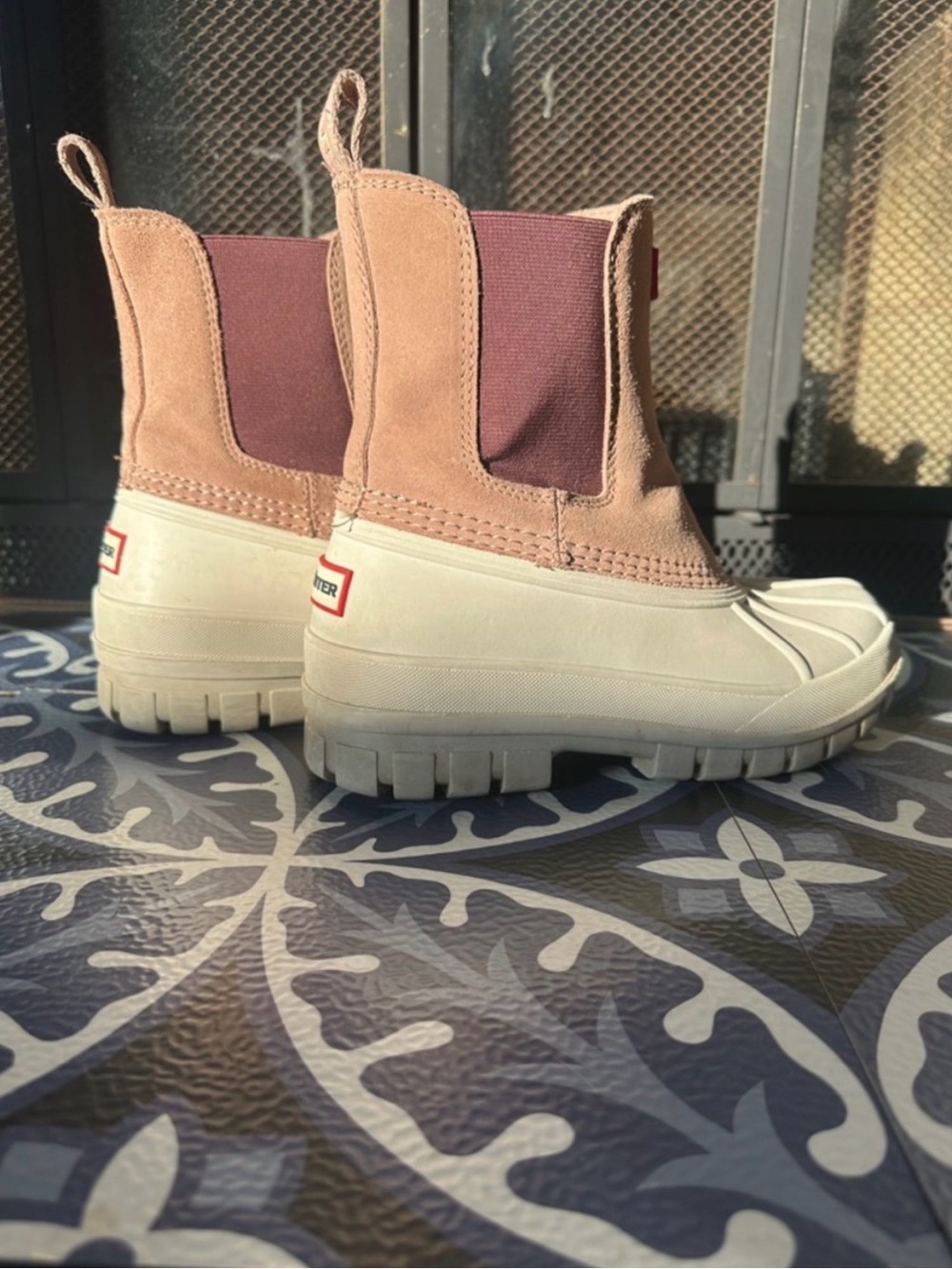 Hunter Pink Suede & Burgundy Elastic Chelsea Duck Boots - Picture 4 of 9